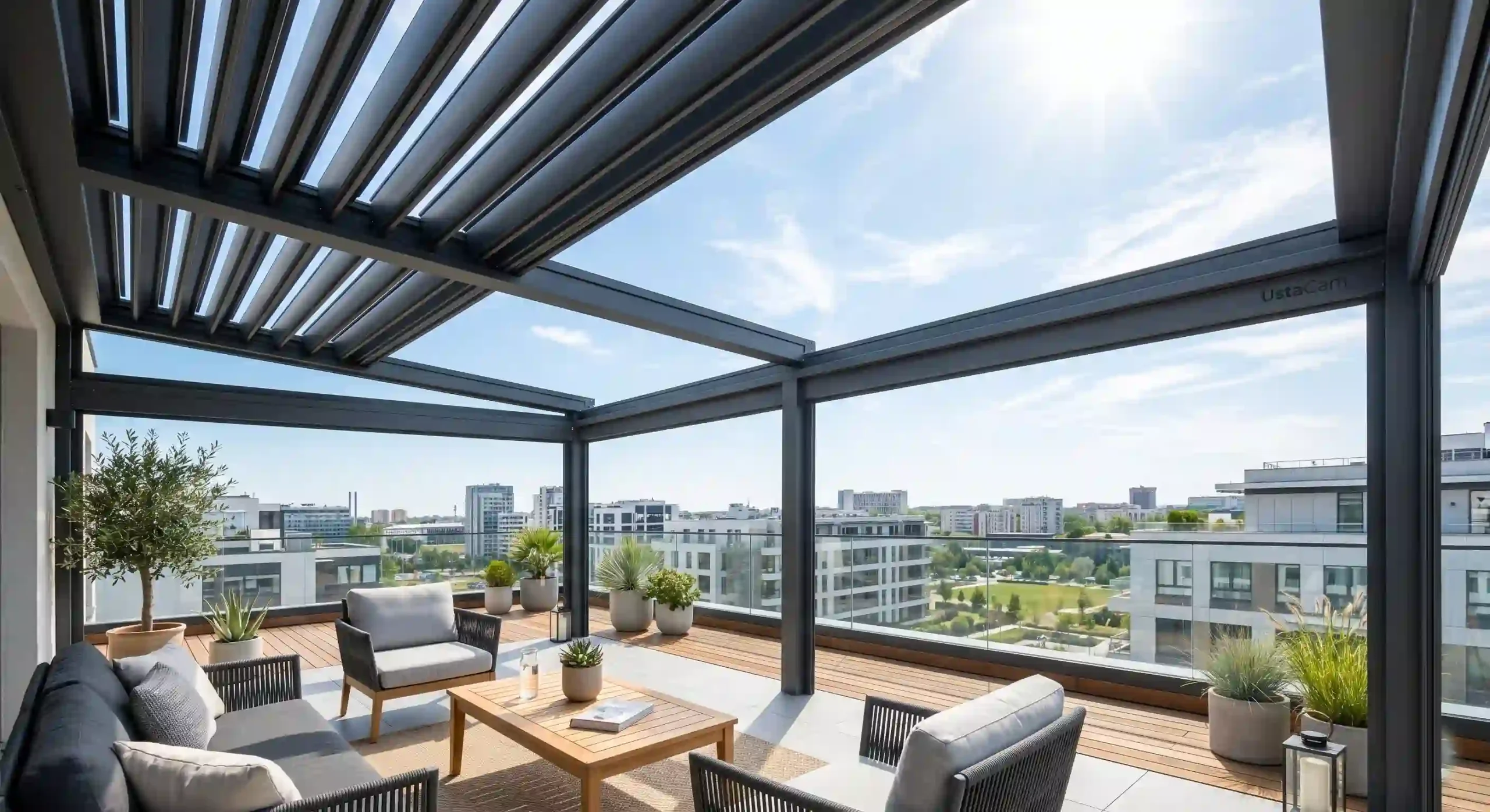 Hareketli motorlu bioklimatik (rolling roof) tavan sistemine sahip modern kış bahçesi.