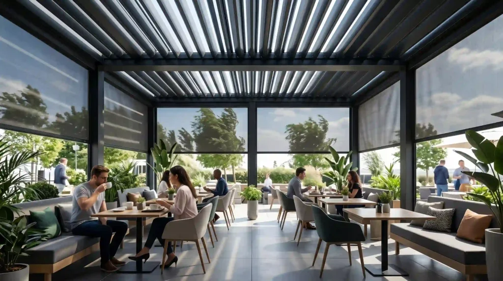 Kafe ve restoranlar için bioklimatik pergola sistemine entegre edilmiş rüzgara dayanıklı motorlu zip perde.