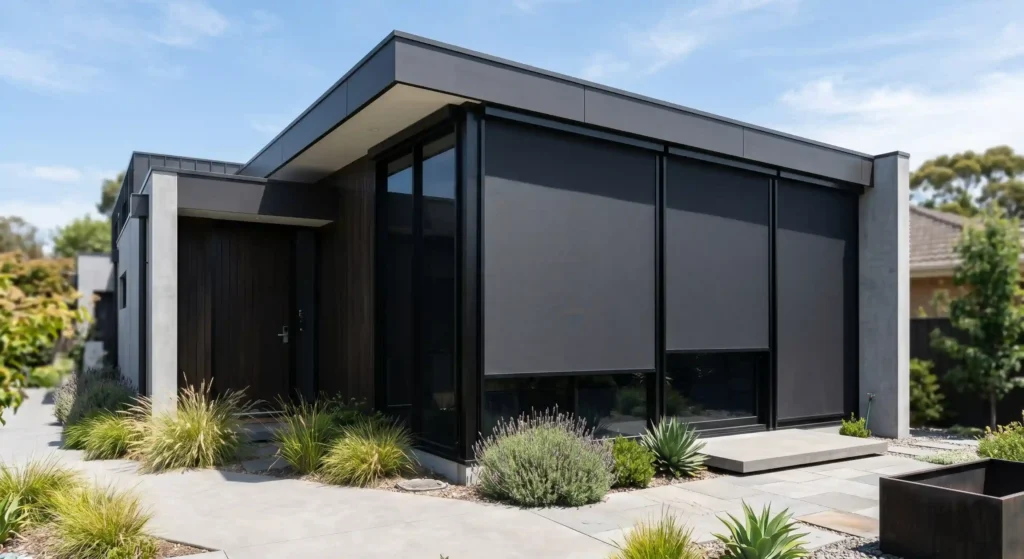 Modern binalarda dış cephe güneş kontrolü ve mahremiyet sağlayan mimari zip perde uygulaması.