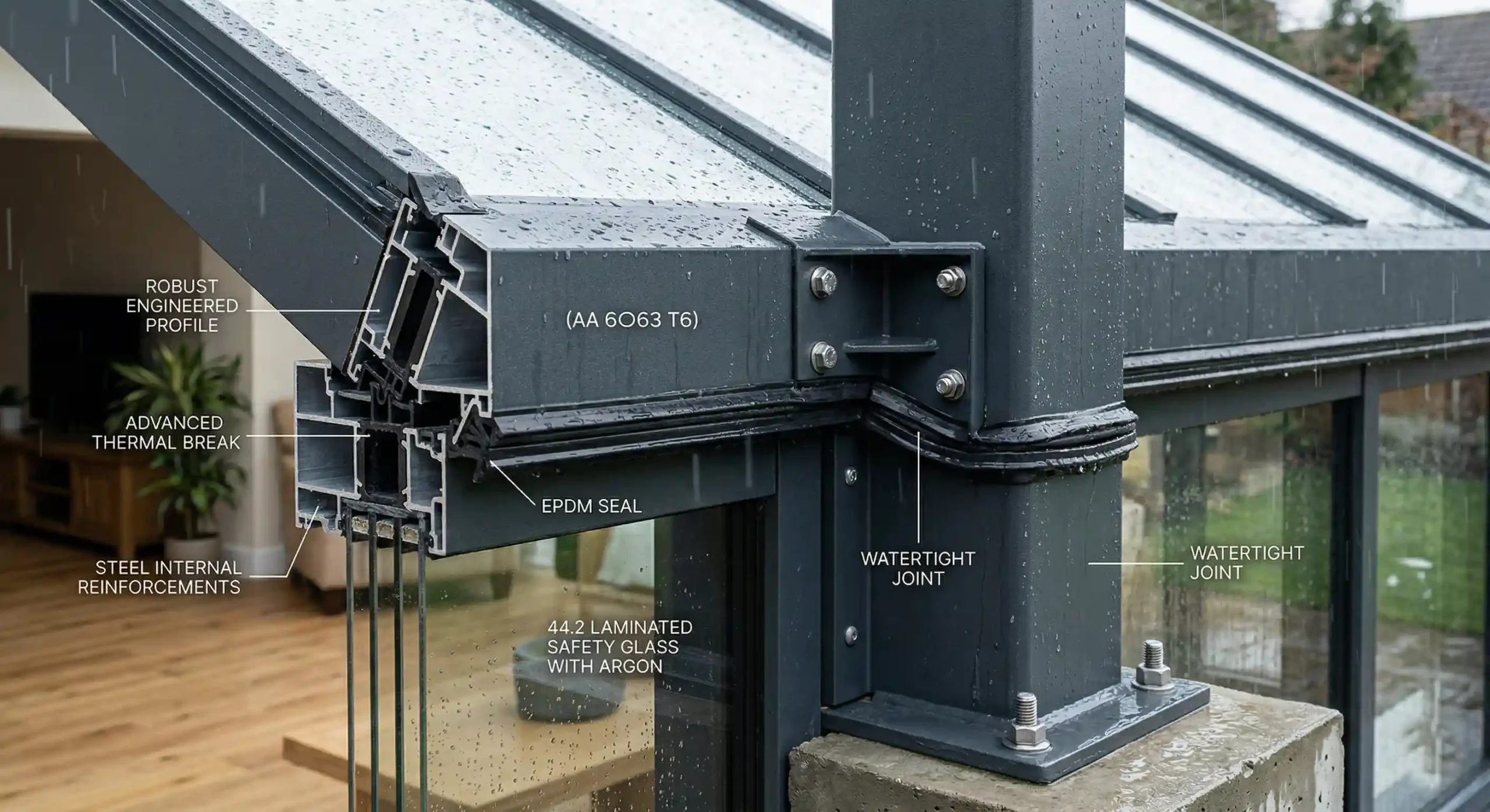 Kar ve rüzgar yüküne dayanıklı, ömürlük kullanım sunan yüksek mukavemetli ısı bariyerli alüminyum kış bahçesi taşıyıcı profil detayı.