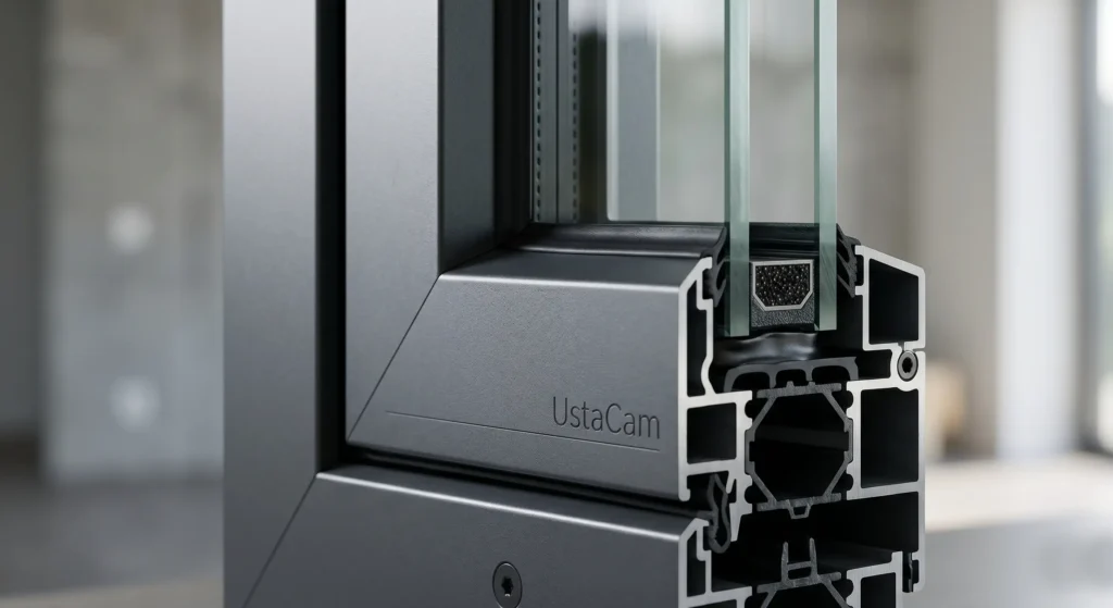 Dış cepheler için maksimum enerji tasarrufu sağlayan polyamid ısı bariyerli alüminyum doğrama profil kesiti.