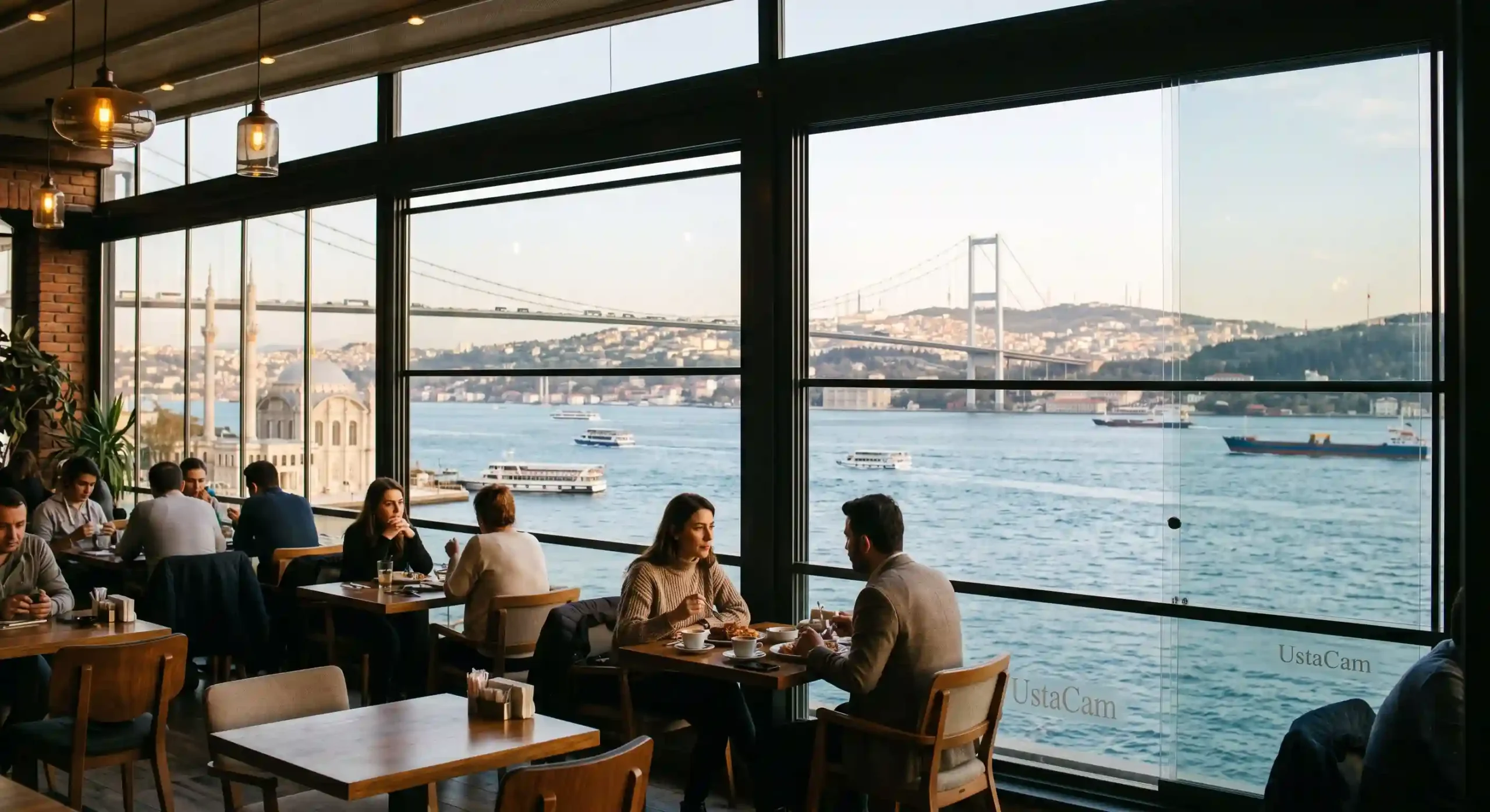 Kafe ve restoranlar için panoramik görüş sağlayan, ısı yalıtımlı motorlu giyotin cam sistemi uygulaması.
