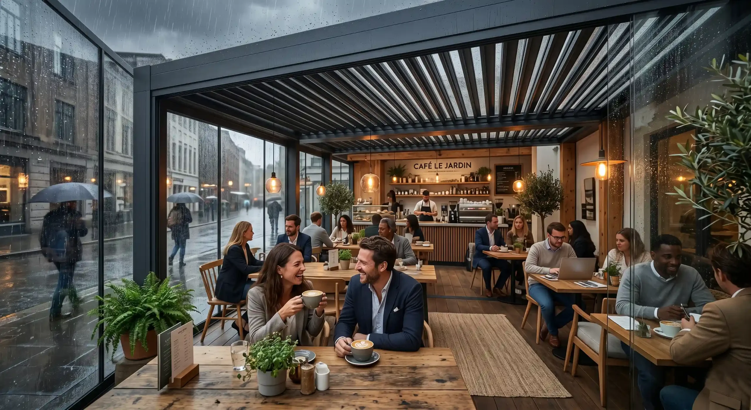 Kafe ve restoranlar için dört mevsim müşteri kapasitesini artıran ticari lüks bioklimatik pergola açılır kapanır tavan.
