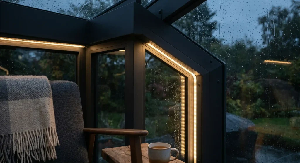Akşamları keyifli ve romantik bir ortam yaratan, alüminyum profillere gizlenmiş premium LED aydınlatma ve sızdırmaz fitil donanımı.