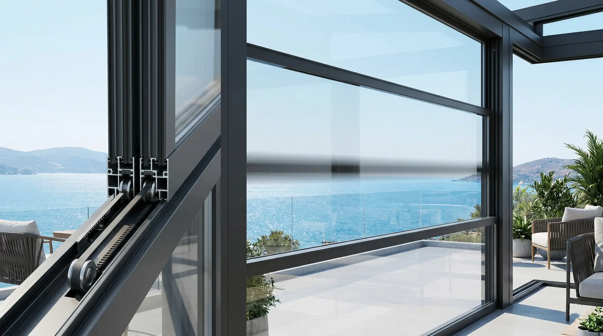 UstaCam güvencesiyle kurulan, tek tuşla saniyeler içinde açılıp kapanabilen panoramik hareketli giyotin cam mekanizması ve alüminyum profiller.