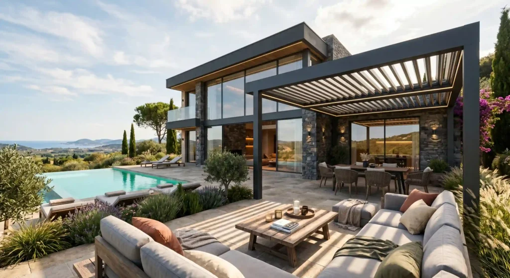 Lüks bir villa terasında uygulanan entegre LED aydınlatmalı premium bioklimatik pergola rolling roof sistemi.